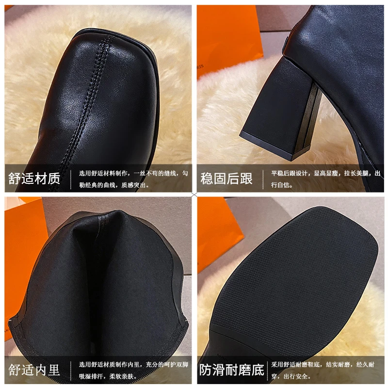 Женские сапоги с квадратным носком бежевые высокие до колена на платформе