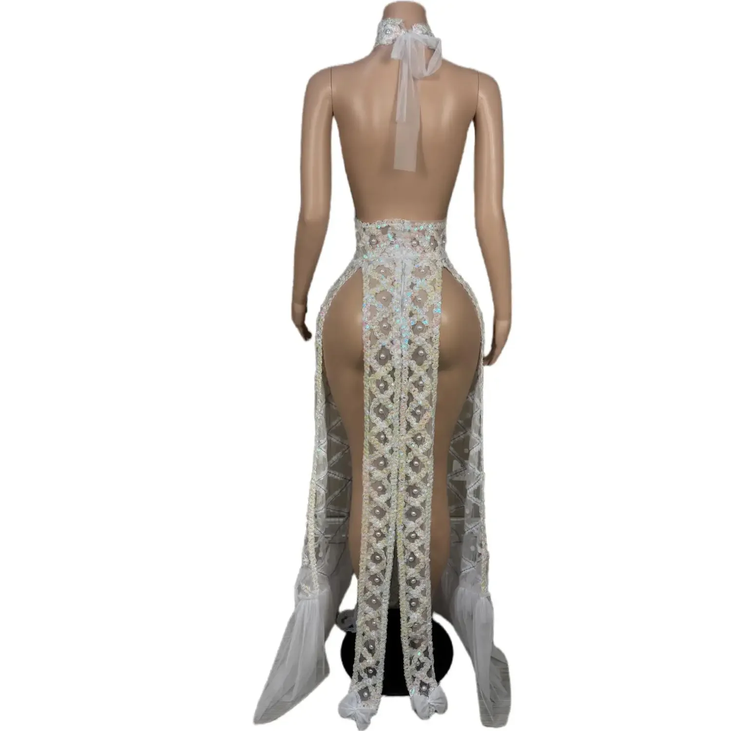 2024 Сетчатое жемчужное платье с открытой спиной для женщин высоким разрезом Pron Gown