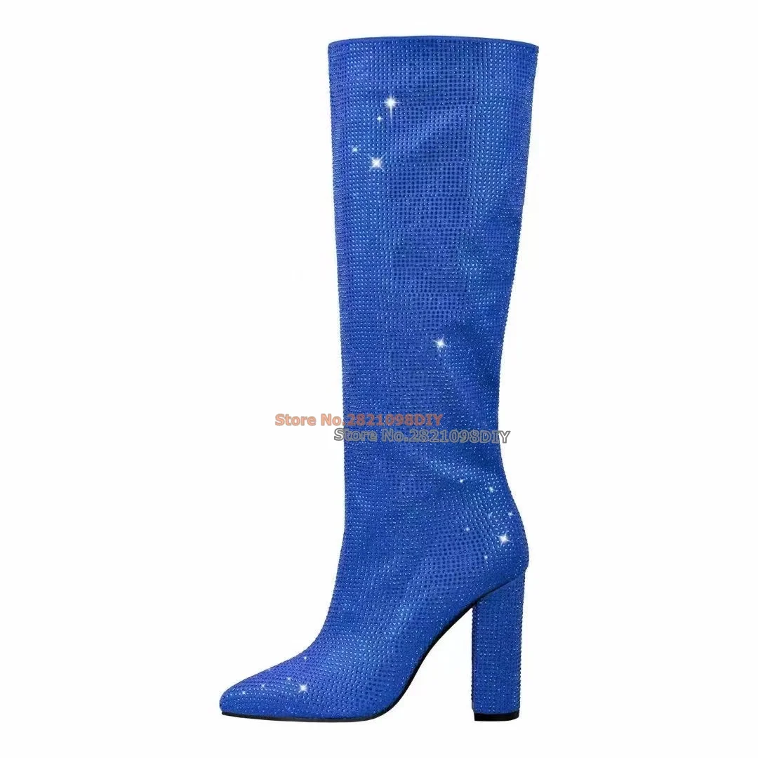 Rhinestone Chunky Heels Knee High Boots Women Pointed Toe Leather Lining Shiny Winter Long Boots Plus Size 35-43
