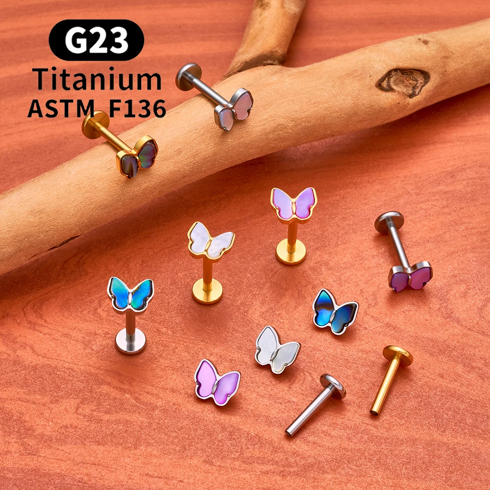 Фото Титановый серьга-бабочка ASTM F136, 16G, с плоской задней частью, для пирсинга уха (хлопушка, конч, трагус, хеликс), для женщин и девушек №4