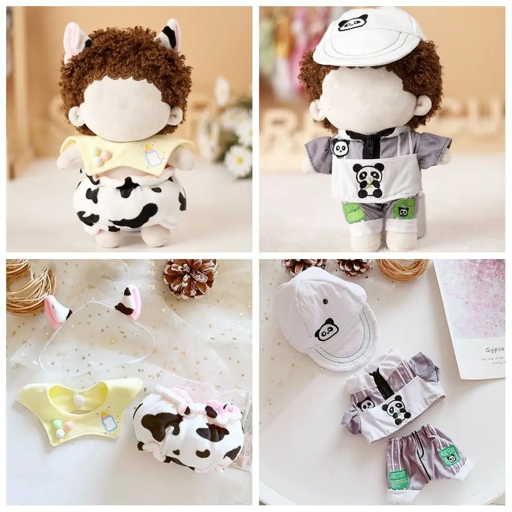 

Idol Changing Dressing Game Playing House Cartoon Panda Cow Suit Bib Bread Pants Doll Clothes For 20CM Plush Ear