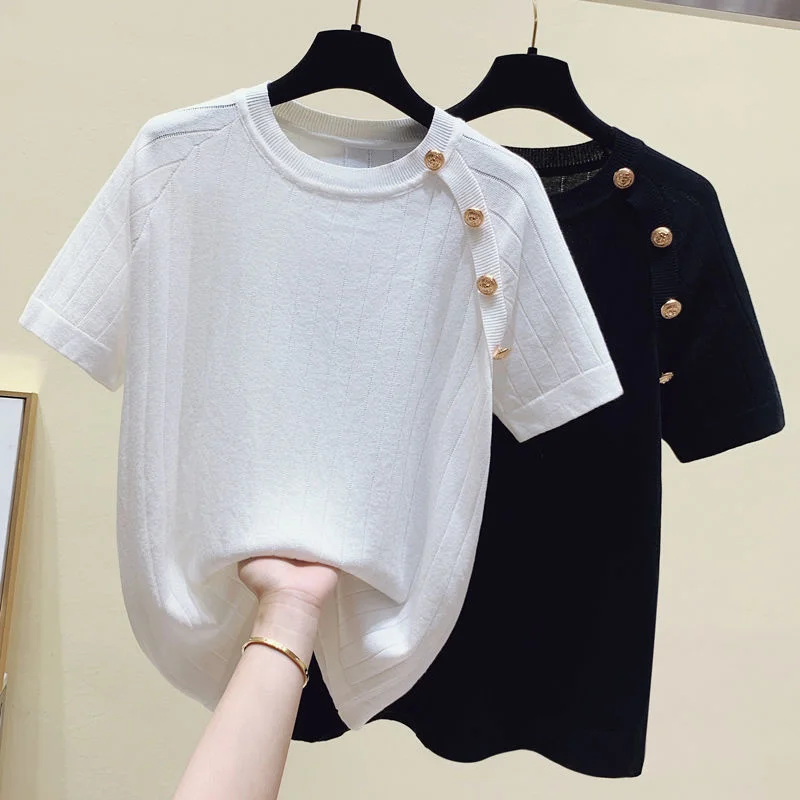 

Plus Size Ice Silk Short Sleeve T-shirts Women 2022 New Summer Knitted Tshirts Round Neck Button Large Tops Female Knitwear