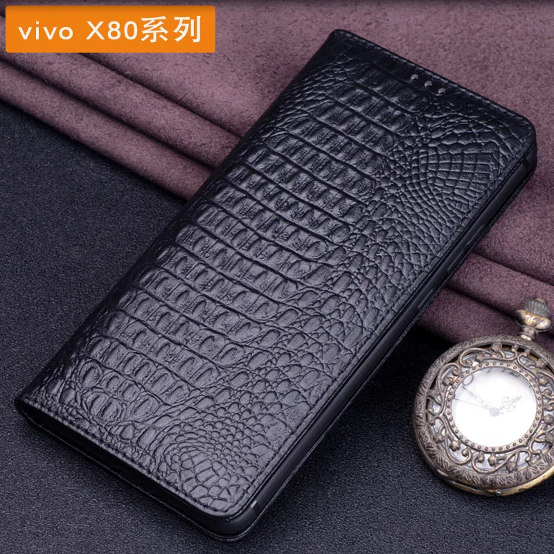 

Hot Sales Luxury Lich Genuine Leather Flip Phone Case For Vivo X80 Pro Real Cowhide Leather Shell Full Cover Pocket Bag Cases