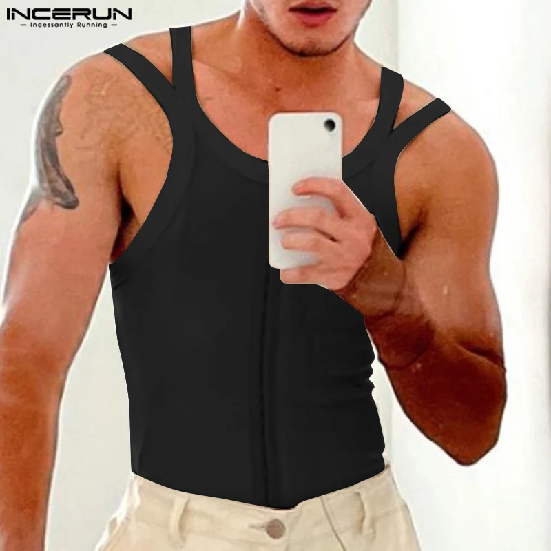 

Casual Simple Style Tops INCERUN Men's Shoulder Straps Design Solid Design Tank Tops Streetwear All-match Tight Knit Vests S-5XL