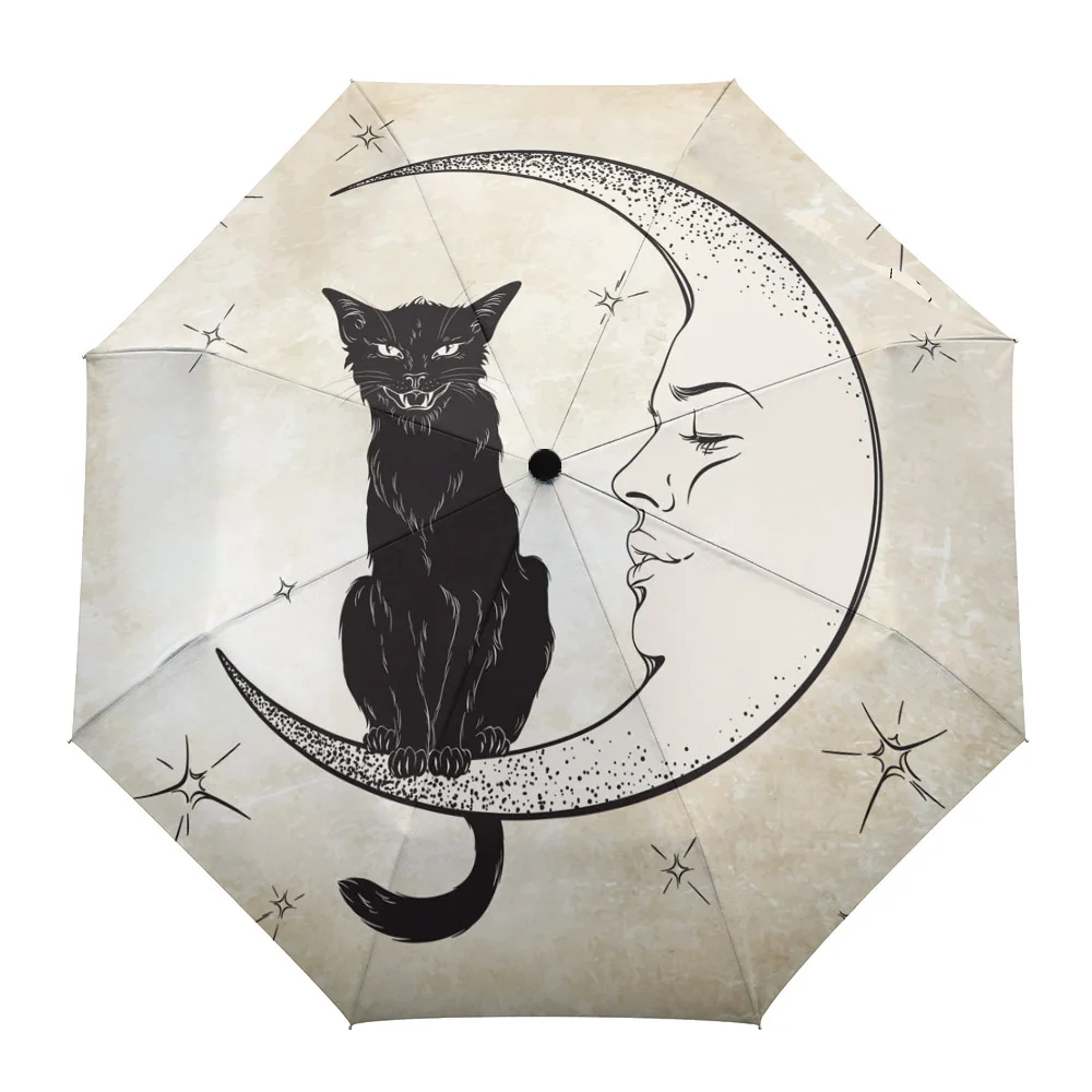 

Летний зонт в стиле ретро с принтом кота, Луны, звезды, для улицы, полностью автоматические складные зонты из восьми нитей для взрослых
