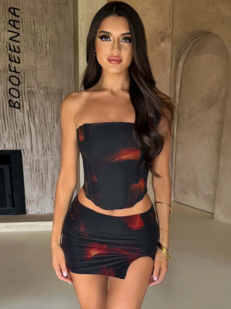 

BOOFEENAA Sexy Two Piece Set Slit Skirt and Crop Top Black Print Tube Mini Dress Summer 2023 Woman Outfit Club Wear C83-BI15