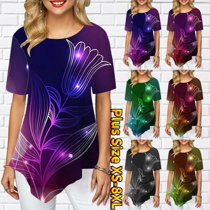 

Elegant Tops Women T-shirt Summer Short-sleeved T-shirt Women Loose Temperament Printed Tops Ladies Flower Printing Tee Shirt