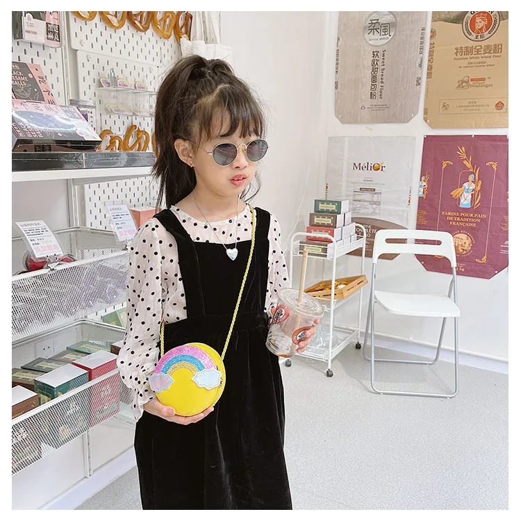 Sequined Girls Small Round Shoulder Bag Rainbow Little Kids Solid Color Coin Purses Handbag Pu Leather Children Crossbody Bags