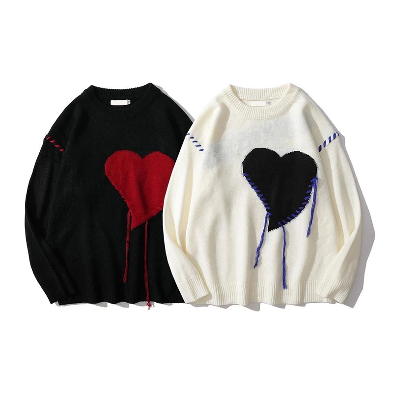 

Harajuku Love Pattern Knitted Ugly Sweater Men Letter Punk Rock Black Red Gothic Vintage Grandpa Sweater Women Cute Pullover