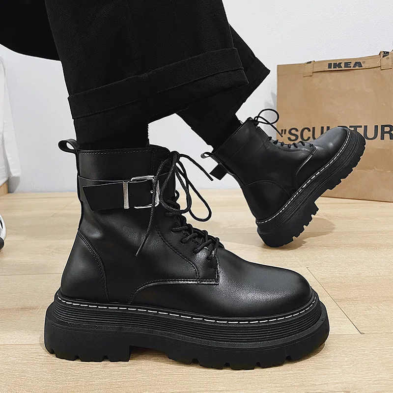 

Мужские ботинки в стиле панк, высокие военные боевые ботинки, Черные ботильоны на шнуровке с пряжкой для инструментов, мужские мотоциклетны...