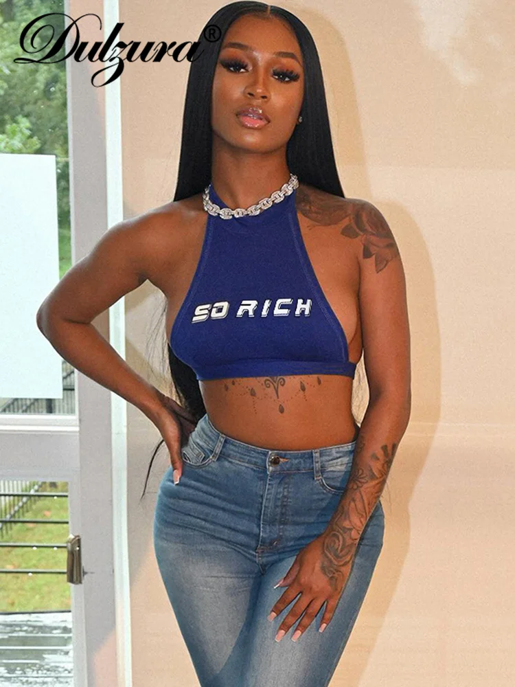 

Dulzura Letter Print Women Lace Up Halter Crop Top Backless Graphic Tanks Sexy Streetwear Club Drop Shipping 2022 Summer