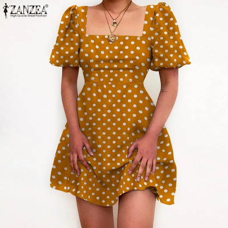 

Элегантный халат ZANZEA в горошек, женское праздничное мини-платье 2022, летнее платье с квадратным вырезом, модные вечерние короткие платья с пы...