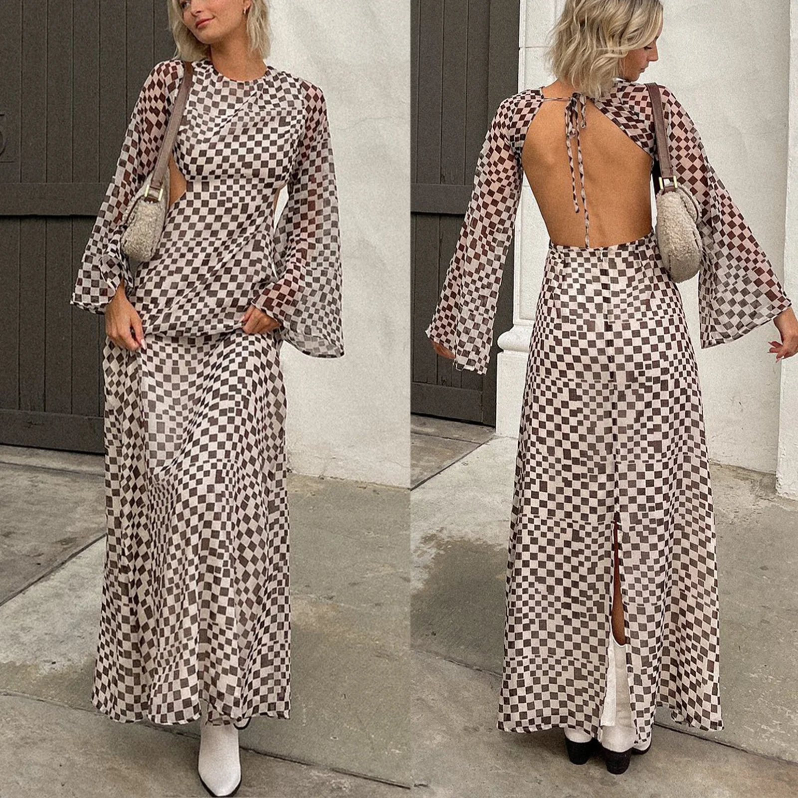 

Новое Женское повседневное длинное платье с шахматным принтом и круглым вырезом, расклешенное платье с длинным рукавом и открытой спиной, м...