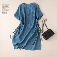cotton linen shirt dress women lace up slim waist mid length large size casual loose summer tops floral embroidery blouses