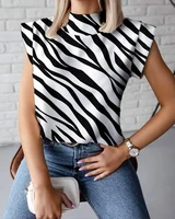 2022 summer print womens top stand short sleeve casual vest tops female fashion elegant loose office party street lady clothes