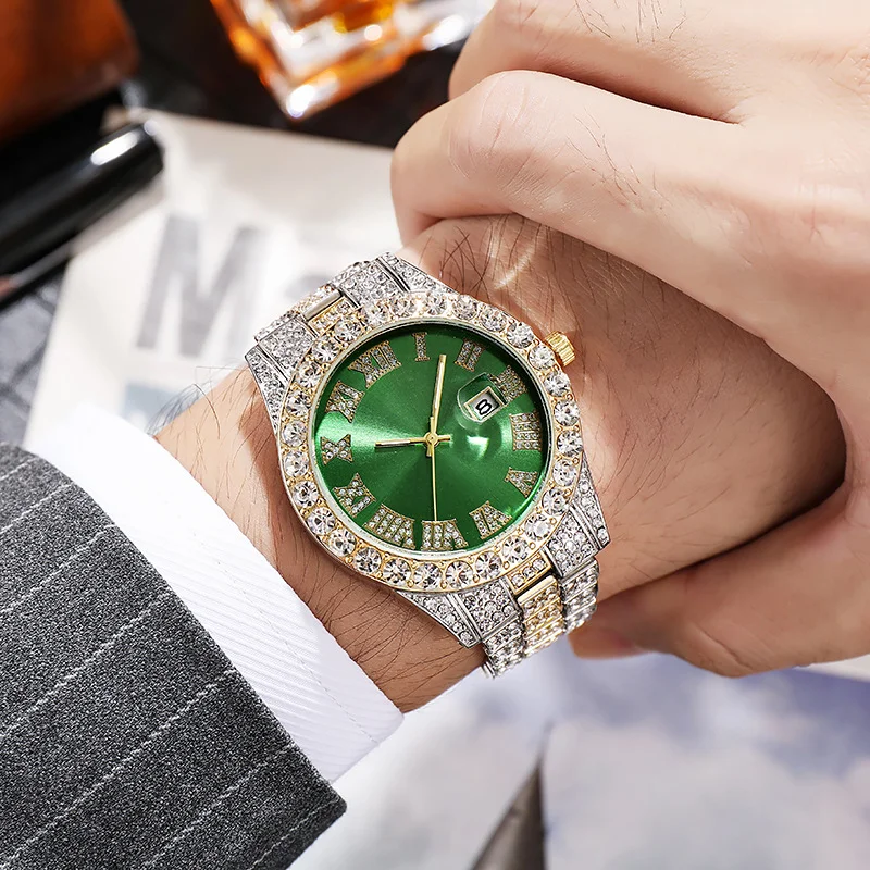 The New Red and Green Water Ghost Big Rhinestone Inlay Men's Watch Roman Scale Calendar Watches Quartz Watches Full of Diamonds