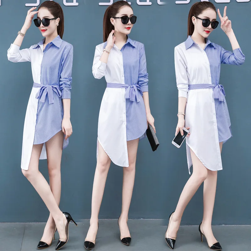 

Women SpringAutumn Irregular Belt Stripe Loose Dress Shirt Office Lady Long Sleeve Blouse Top