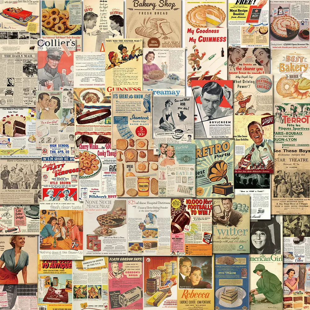

50Pcsins Retro Poster Magazine Newspaper Hand Account Sticker Self-Adhesive Scrapbook Book Diy Sticker Classic Toy