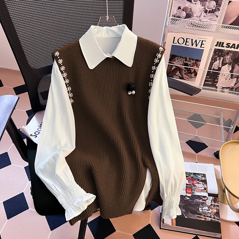 Женская вязаная рубашка с лацканами и жилет в Корейском стиле повседневная