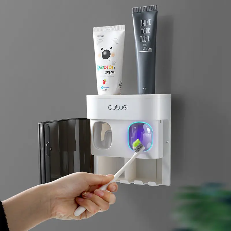 1pcs Automatic Toothpaste Dispenser Wall Mount Dust-proof Toothbrush Holder Wall Mount Storage Rack Bathroom Accessories Set