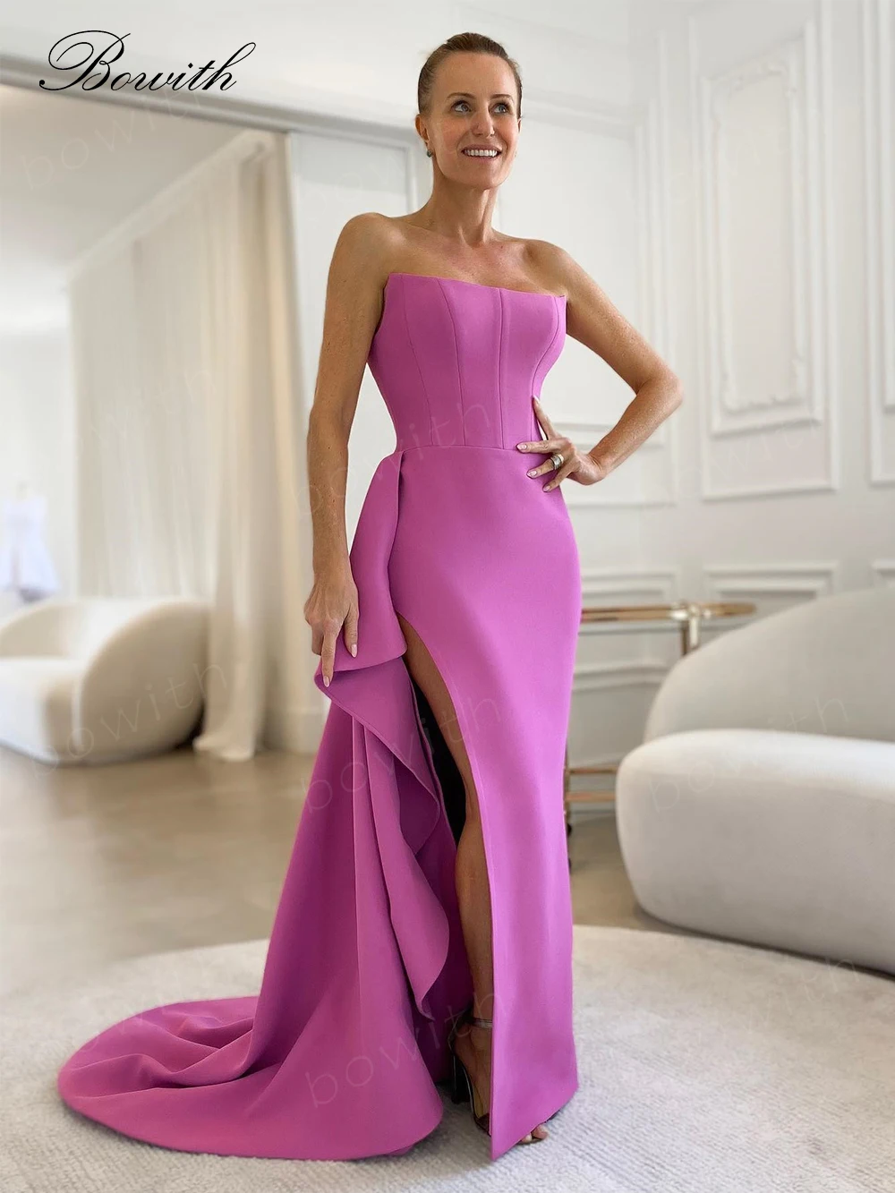 

Bowith Evening Party Dress Crepe Wedding Party Dress for Women High Slit A Line Evening Gown for Gala Party vestidos de fiesta