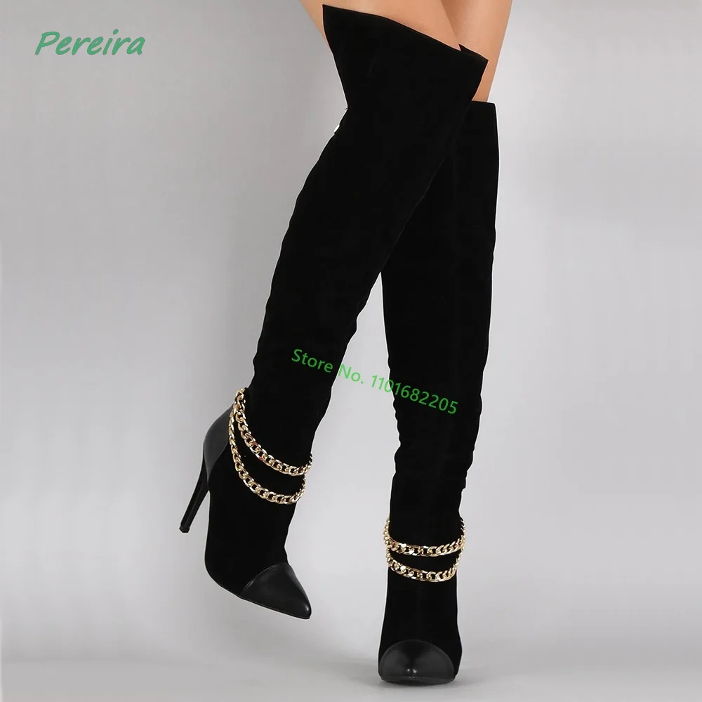 2022 Red Suede Boots Women's Winter Chain Solid Pointed Toe Thin High Heel Back Zipper Sexy Catwalk Shoes For Free Shipping