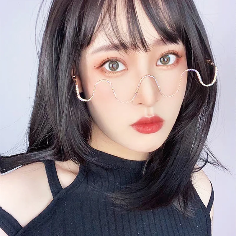 

Rhinestone Metal Wave Shape Glasses Decorative Eye Frames Without Lens Glasses Street Photo Props Eyewear Frames Accessories