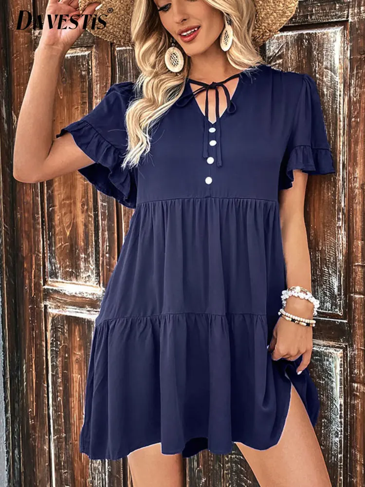 

Casual V Neck Dress Women 2023 Summer Loose Breathable Short Dresses for Women Fashion Ruffle Trim Short Sleeve Dress
