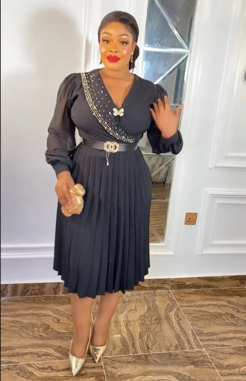 

Womens Pleated Dress Elegant A Line V Neck Glitter Beading Long Sleeve Belt Waist Formal Occasion Robes 3XL Modest Classy Gowns