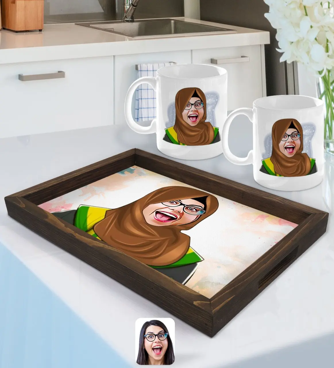 

Персонализированная Женская Арабская учитель, карикатура поднос из натурального дерева и кружка на 2 пары Seti-3
