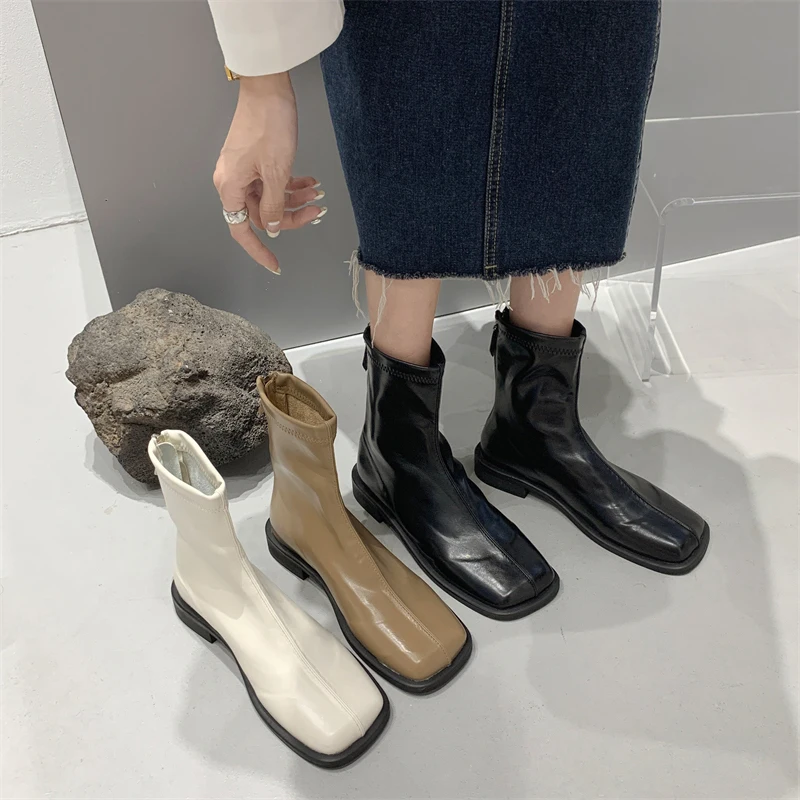 

Shoes Women's Sneakers Summer 2022 New Low Microfiber Solid Retro Zip Basic PU Sewing Hoof Heels Flat Mid-Calf Square Toe