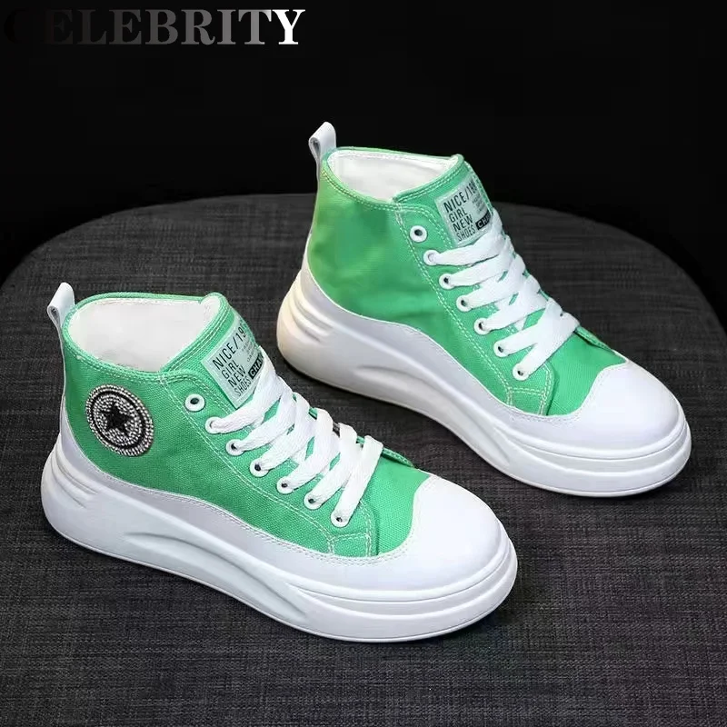 

Spring 2022 New Thick-soled High-top Canvas Shoes Female Korean Version of Joker Flat-bottomed Lace-up Sports Casual Shoes