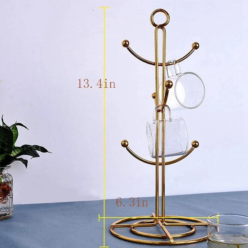 2X Countertop Mug Tree 6 Hook Coffee Cup Dryer Kitchen Tea Cups Holder Stand Gold |