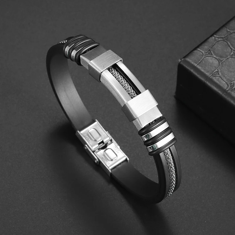 

Men's Classic Stainless Steel Single Layer Silicone Black Bracelet Wristband Punk Style Folding Cuff Bracelet
