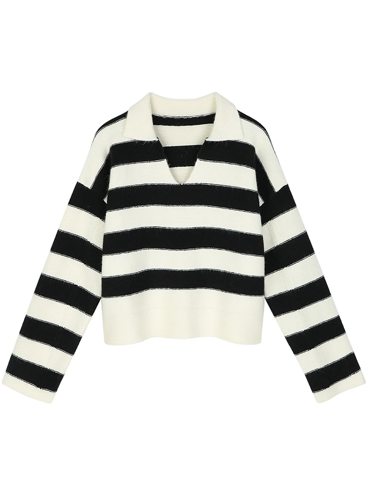 

Женский свободный вязаный свитер-поло в полоску, пуловер с длинным рукавом в стиле ретро, уличная одежда, 2022