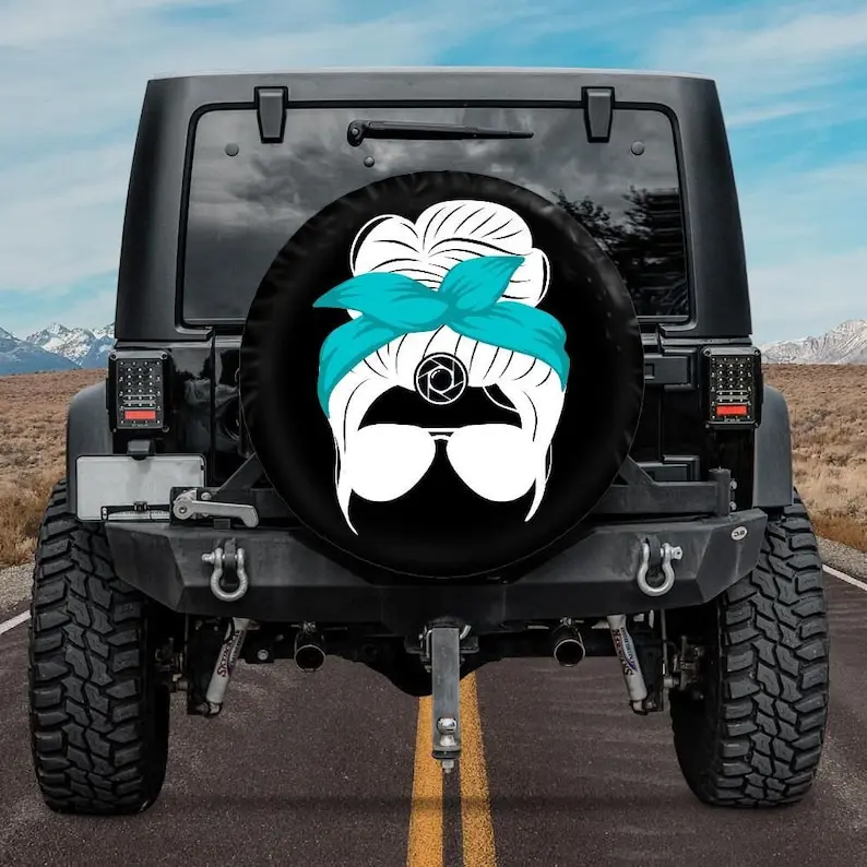 

Spare Tire Cover with Messy Bun design Backup Camera Messy Bun with bow tie and sunglasses Tire Cover Girl wheel cover