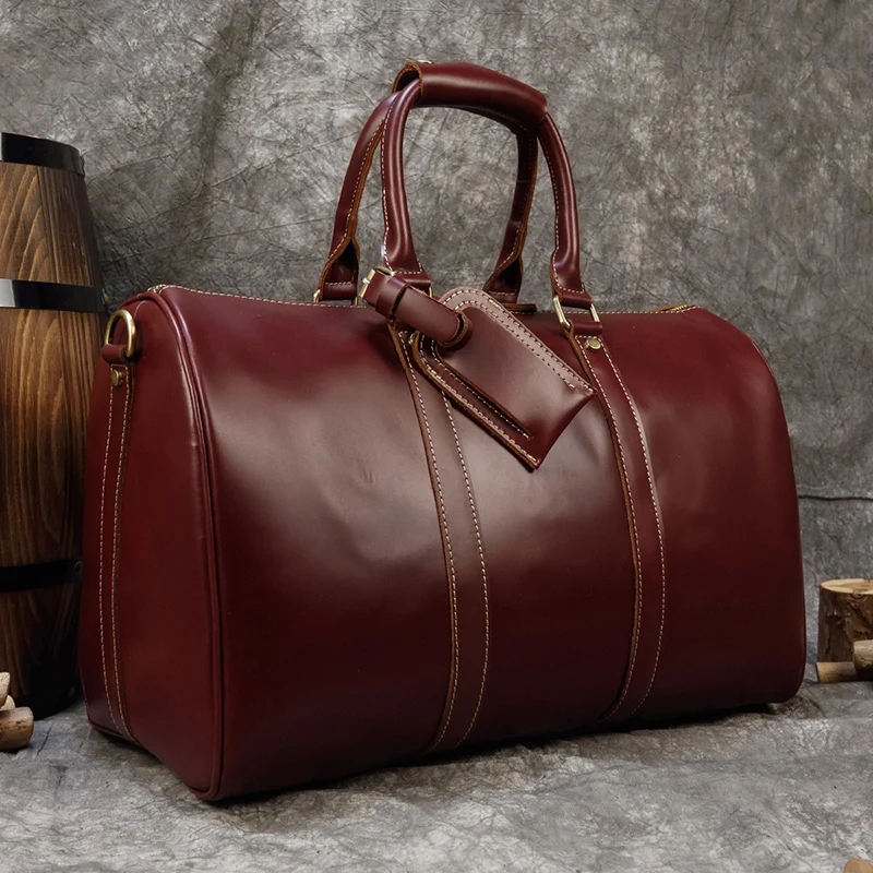 

Maheu Brand Name Famous Genuine Leather Mens Travel Bag Wine Red Smooth Natural Cowskin Duffle Bag For Male 2019 Latest Style