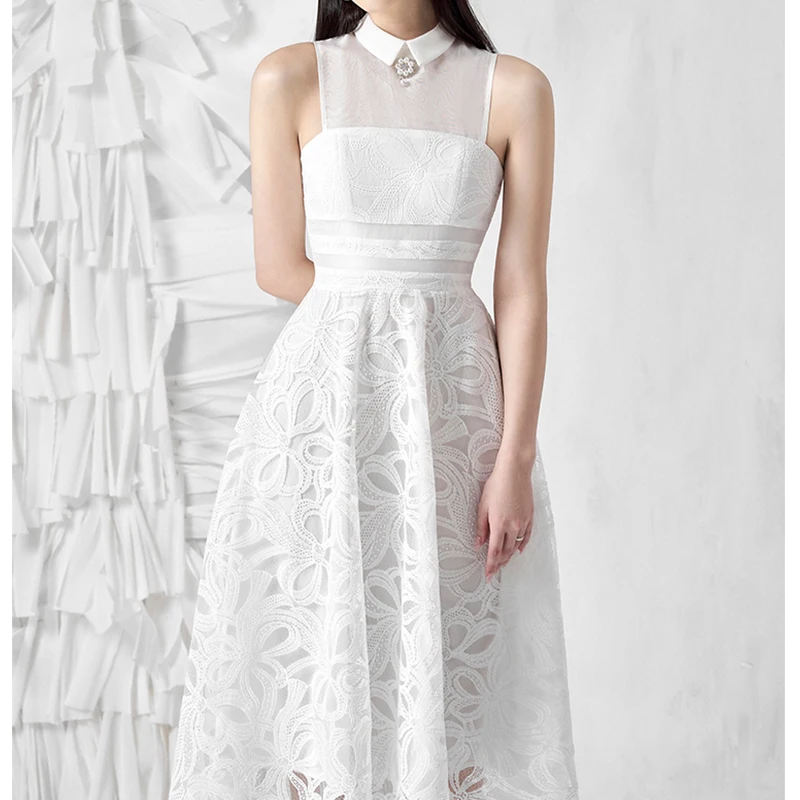 

White Lace Elegant Women's Dress 2022 Sleeveless Turn-down Collar Bodycon Dress Office Lady Business Design Vestidos XL
