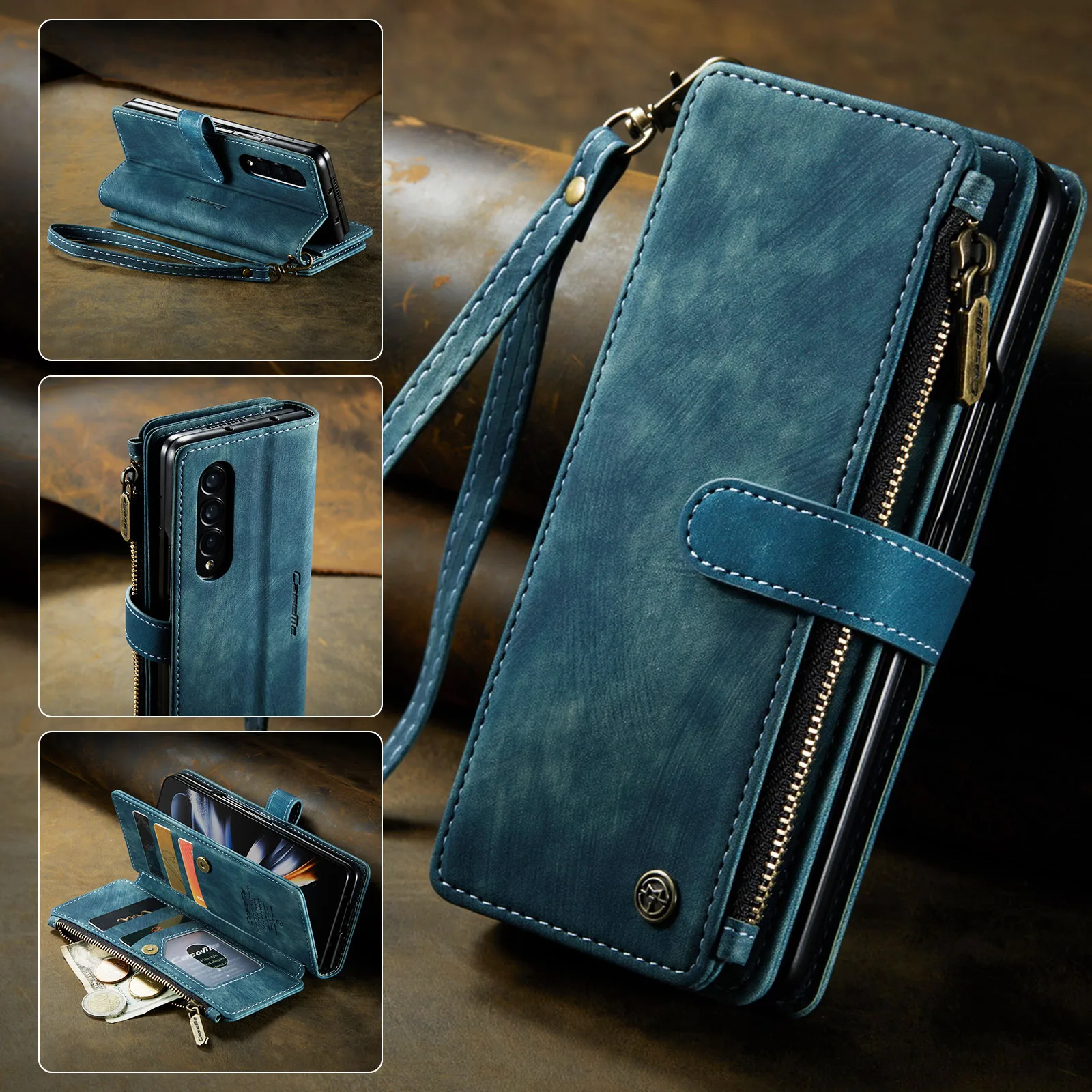 

CaseMe Kickstand Case For SAMSUNG Z Fold3 5G/Z Fold4 5G Luxury Magnetic Leather Zipper Wallet Sleeve Cover Multi-Card Cash Slots