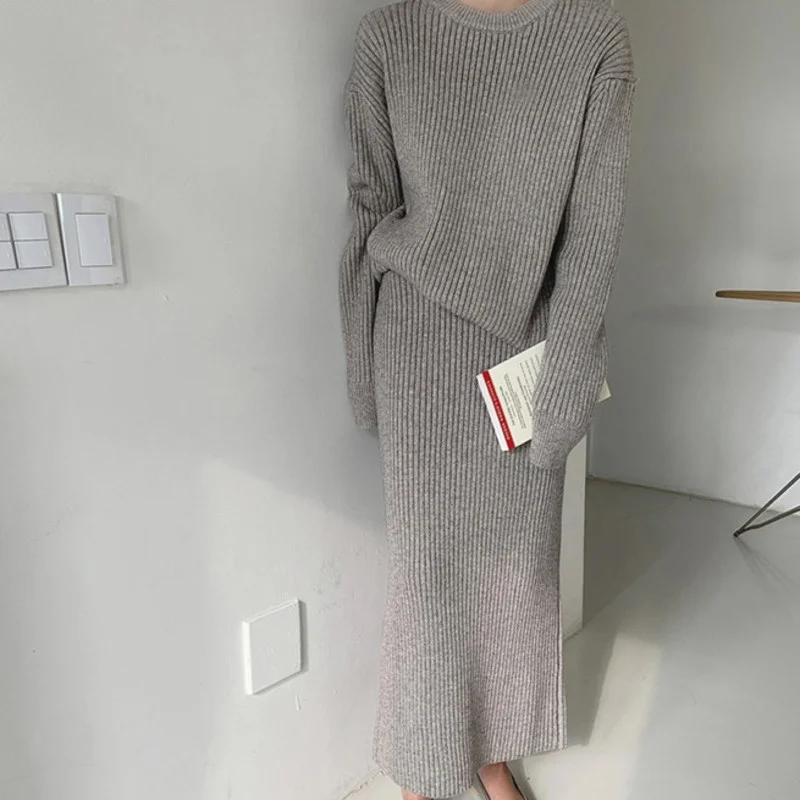 

Rachel Casual Women Knitted Skirt Set O-neck Full Sleeve Pullovers Elastic Waist Skirts 2022 Autumn Winter Women Sweater Set