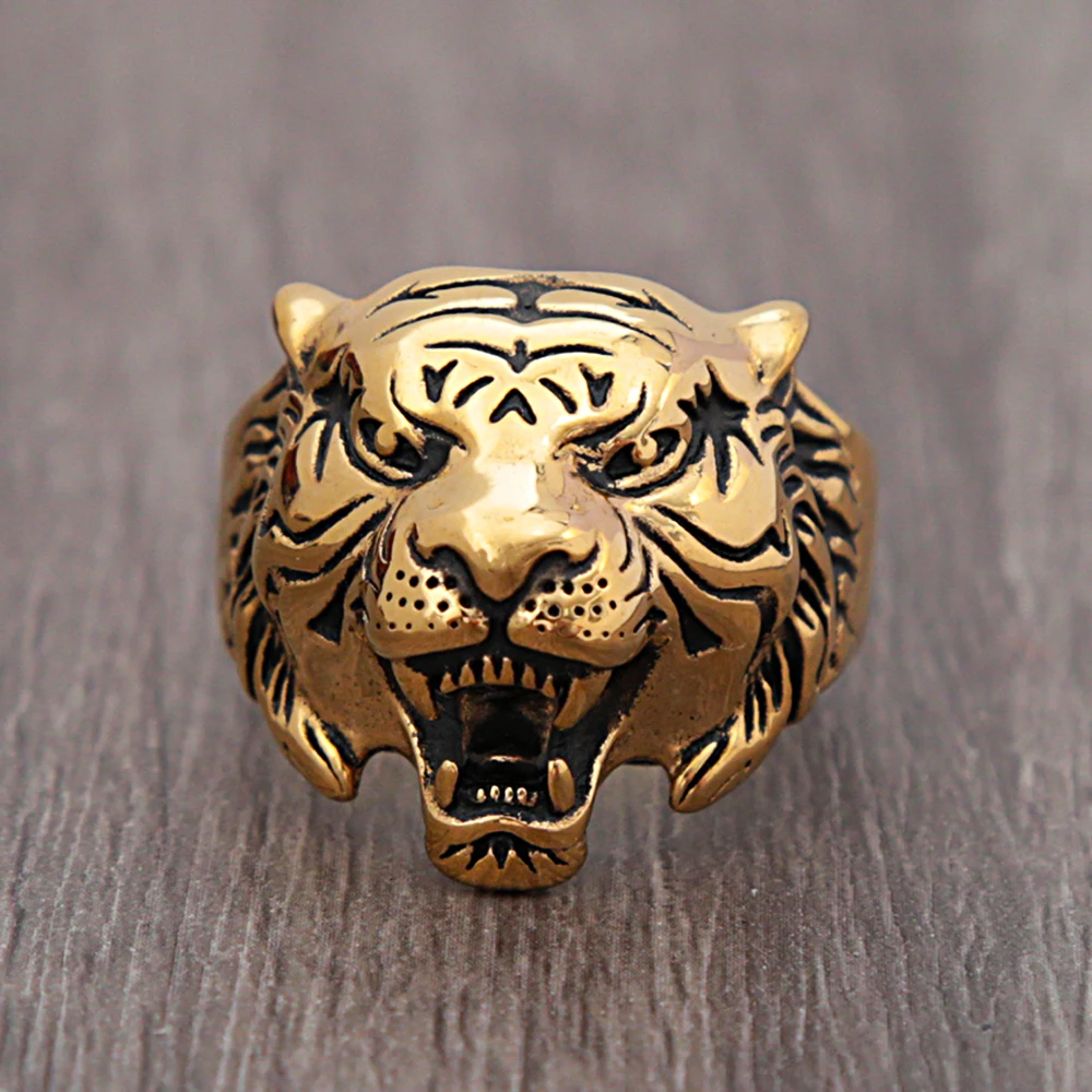 

Punk Hip Hop Vintage Stainless Steel Tiger Head Ring Men Boy Gold/Steel Tiger Animal Ring Biker Fashion Party Jewelry Gift