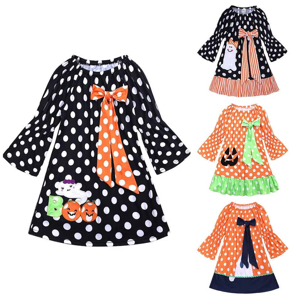 

Toddler Baby Girl Halloween Outfit Pumpkin Ghost Print Long Flare Sleeve Round Neck Dress Casual Polka Dot Fall Spring Clothes