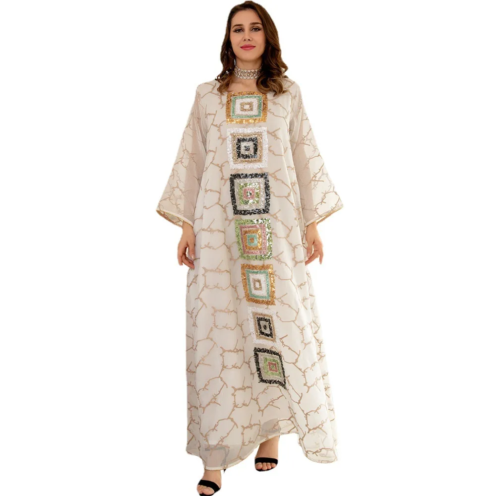 Plus Size Summer Modern Women Dress Maxi Long Abayas Oversized Islam Clothing Sequin Embroidered Muslim Jilbab