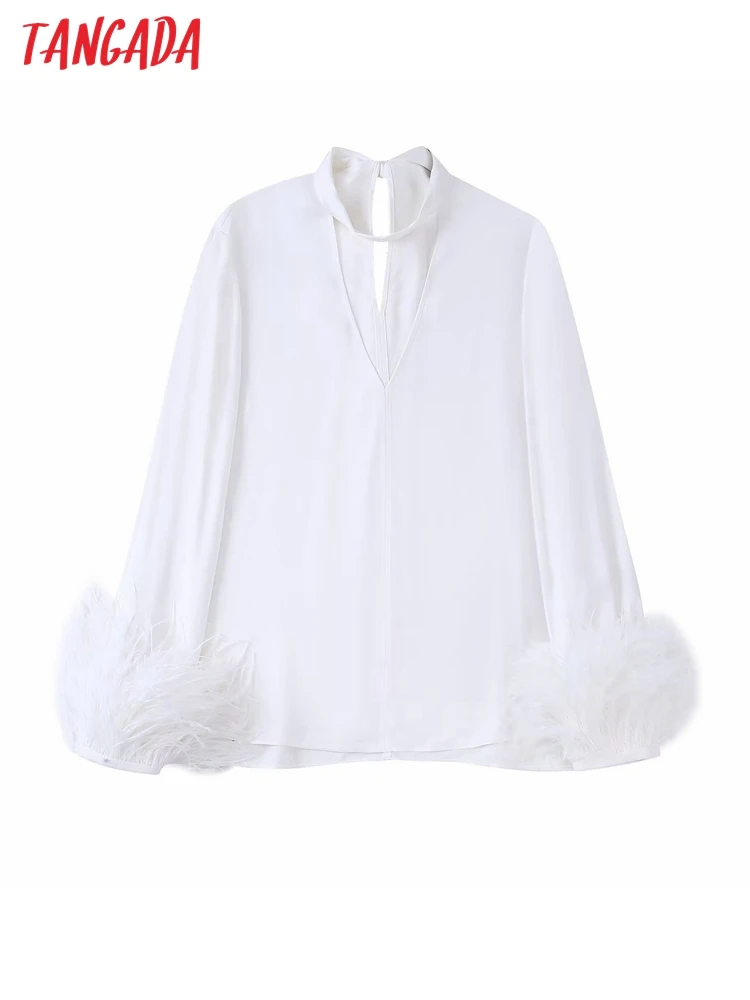 

Tangada Women Vintage White Hollow Halter Shirt Feather Long Sleeve 2022 Chic Female Shirt 3H392