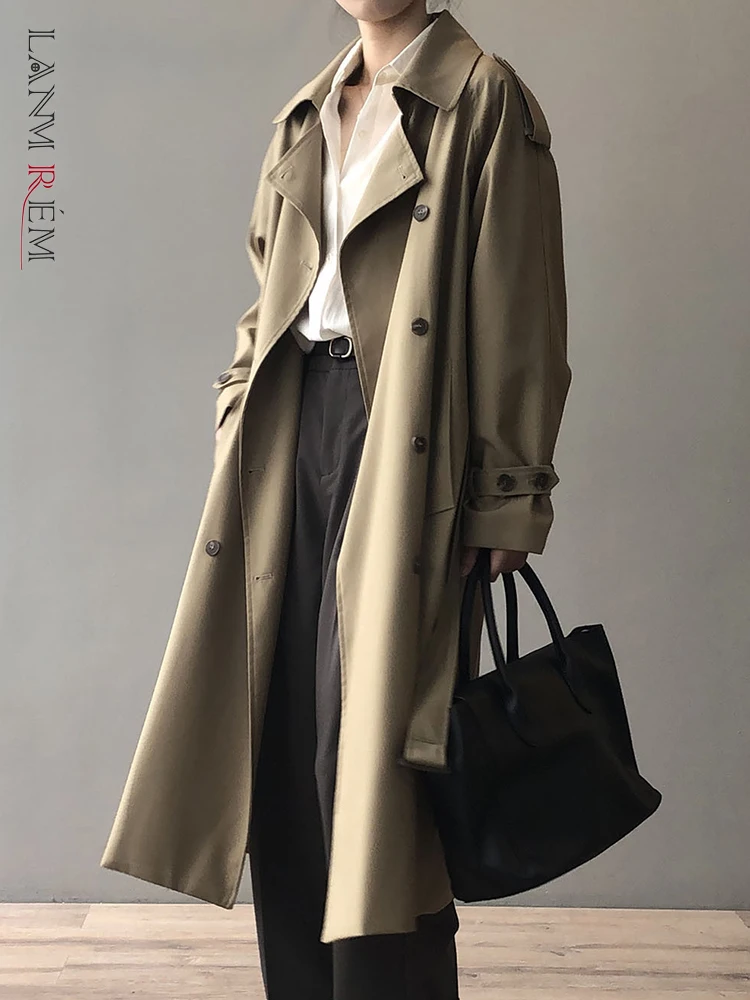 

[LANMREM] Minimalism Spliced Belt Trench For Women Lapel Double Breasted Long Sleeve Loose Outwear 2023 New Autumn 26D670