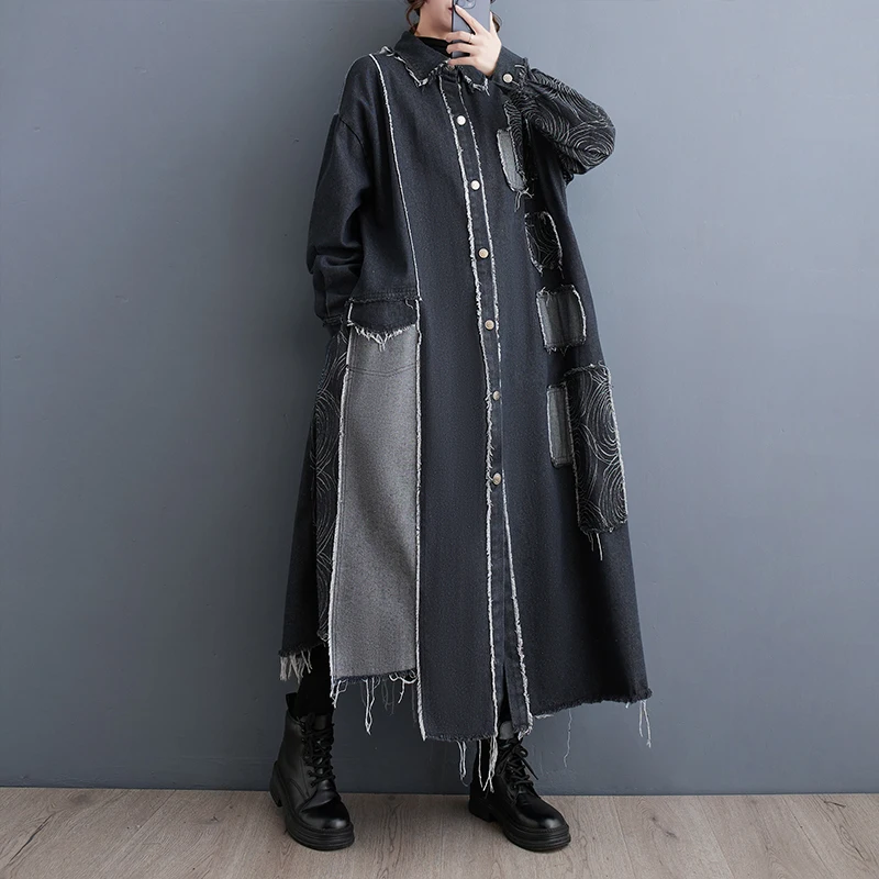 Женский джинсовый тренчкот #2176 черно-синий с разрезом женская Свободная