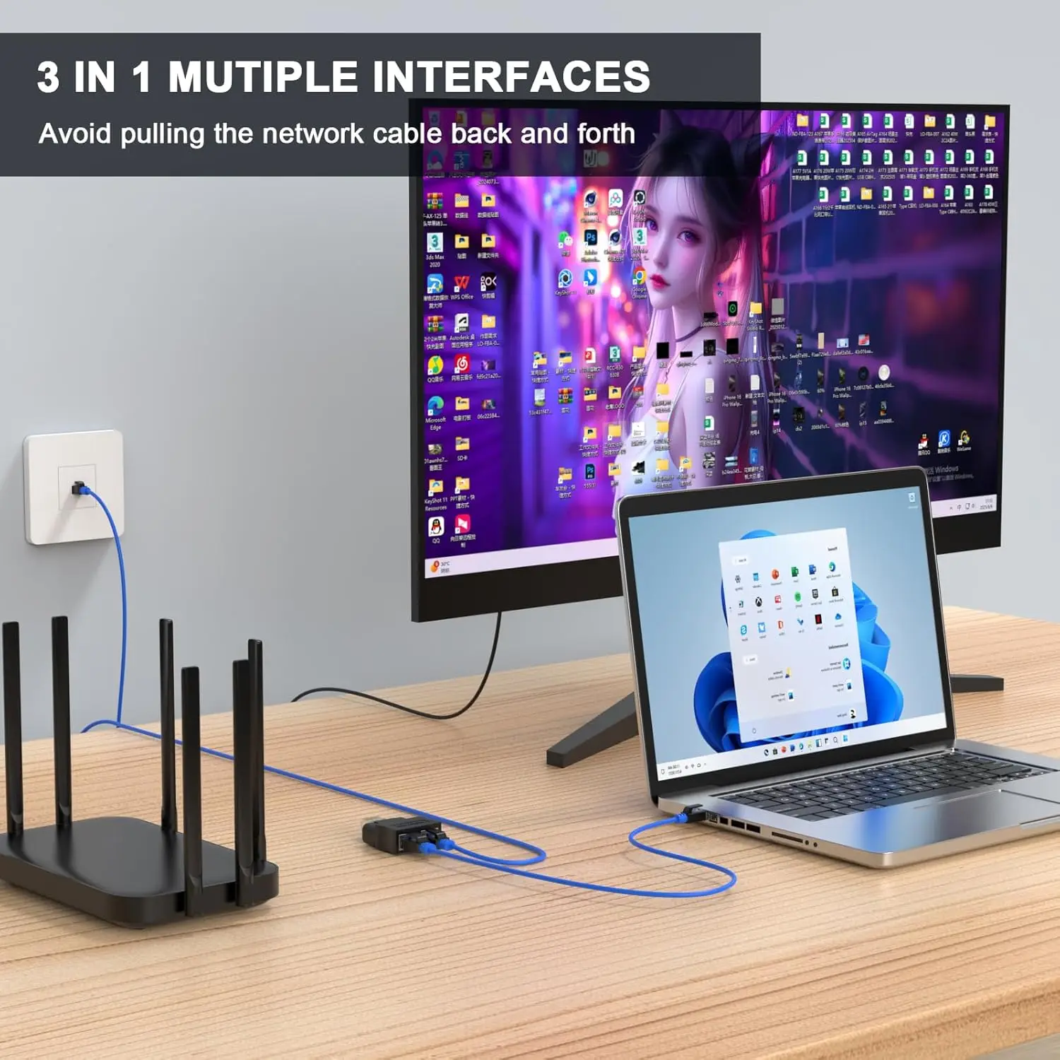 Фото Сетевой разветвитель RJ45 8P8C на 8 портов, Т-образный адаптер 1-в-2, удлинитель сети CAT6/CAT5 №5