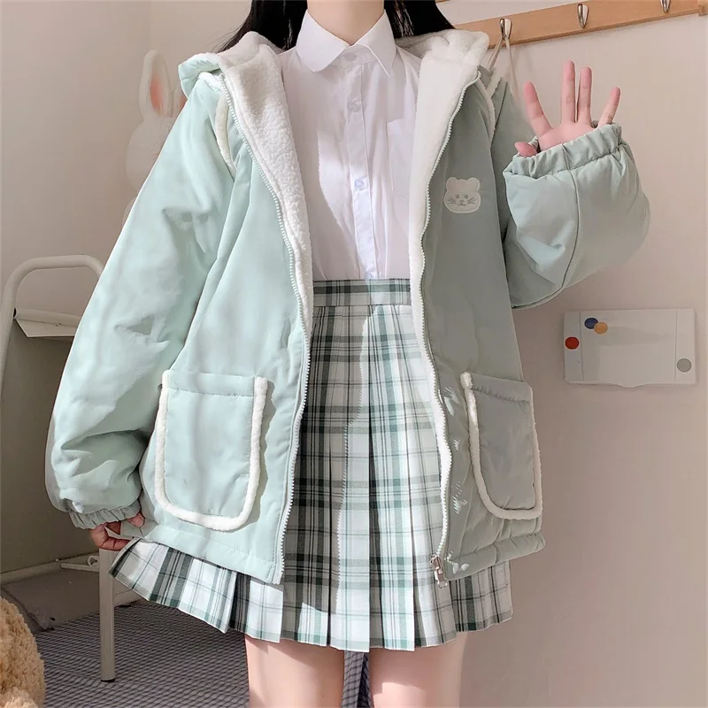 

Japanese Sweet Loli Girl Coat Kawaii Hooded Bear Ear Cute Double-sided Zipper Full Sleeve Lambswool Keep Warm Thicken Outerweat