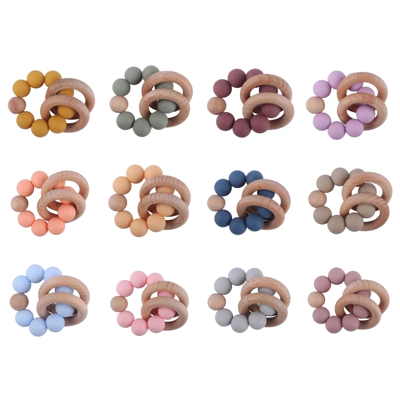 

N80C Baby Teether Bracelet Silicone Beech Beads Ring Wood Rattles Fidget Toy for Baby Girls Boys Teething Nursing Toy Appease