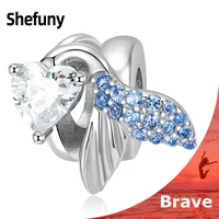925 sterling silver mermaid fish tail charm zircon heart bead fit original european bracelet necklace for women diy fine jewelry
